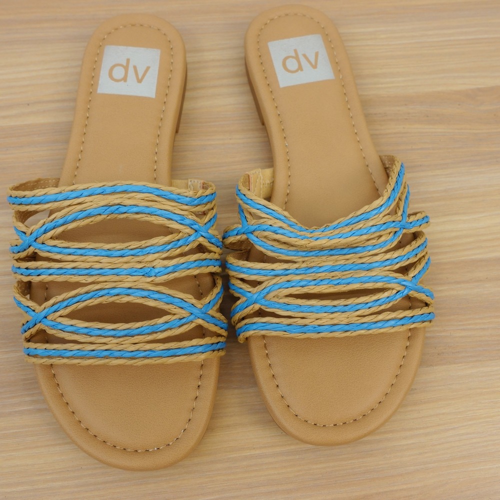 Raffia Boho Flat Sandals Womens 6 Tan Blue Strappy Beach Summer DV Dolce Vita